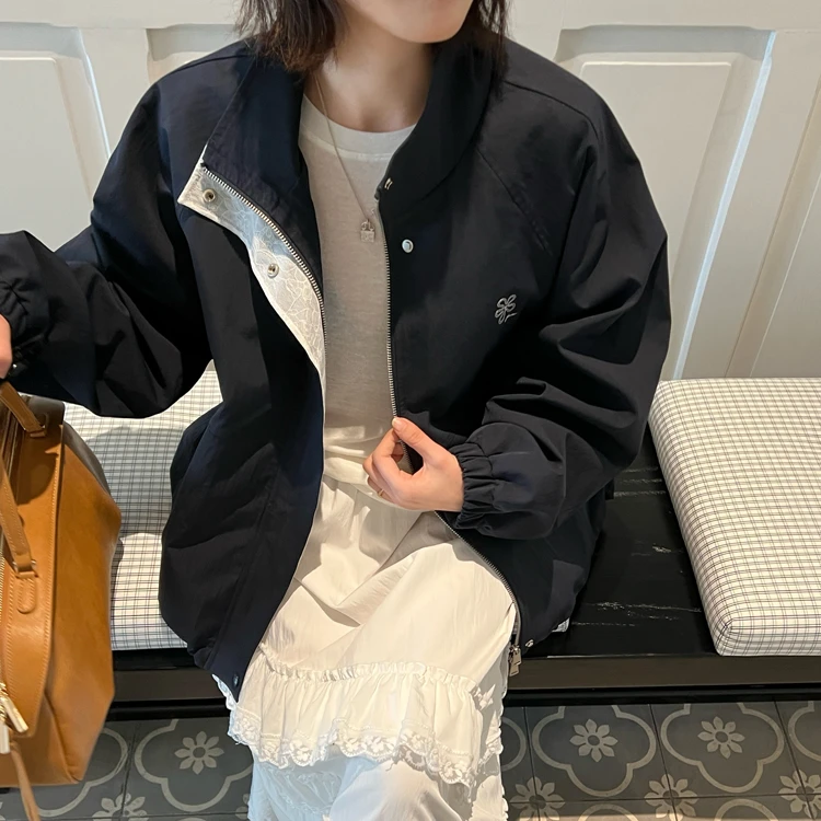 wat正品5050外套女2025春季款立领上衣百搭宽松蕾丝内胆拉链风衣