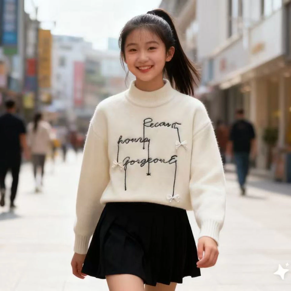 女童冬季新款加厚毛衣儿童打底针织衫上衣圆领时尚中大童厚款