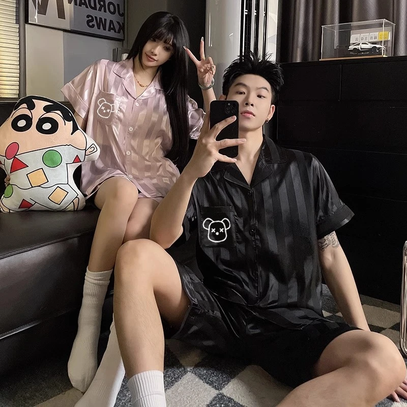 情侣睡衣夏季冰丝薄款短袖爆款大码男女士夏天款家居服套装可外穿