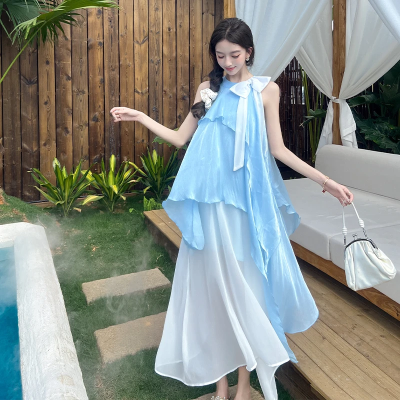 实拍法式千金风挂脖连衣裙女夏季不规则拼接撞色超仙海边度假长裙