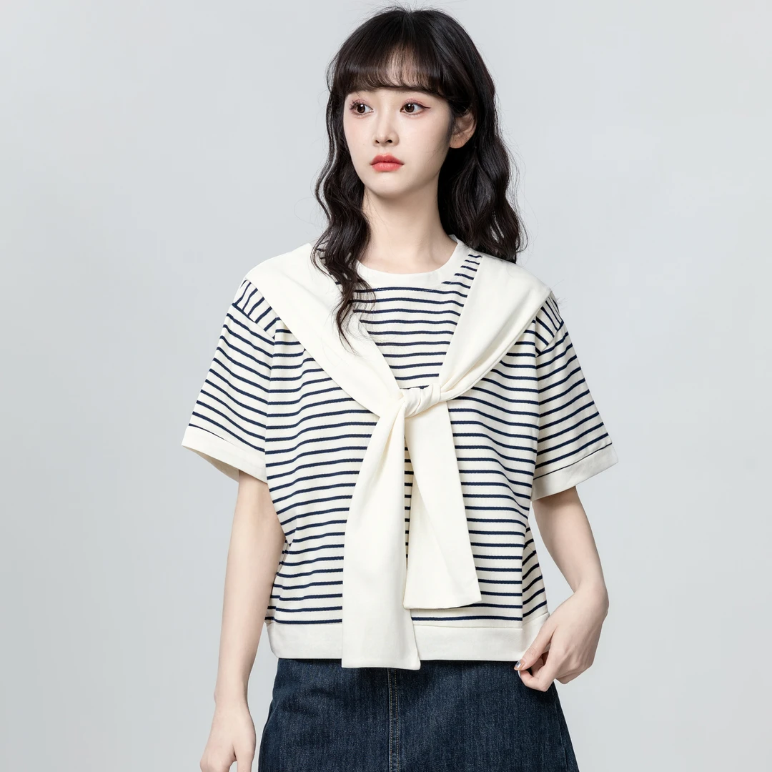 撞色条纹短袖T恤女夏2025夏季新款设计感带披肩半袖体恤短款上衣