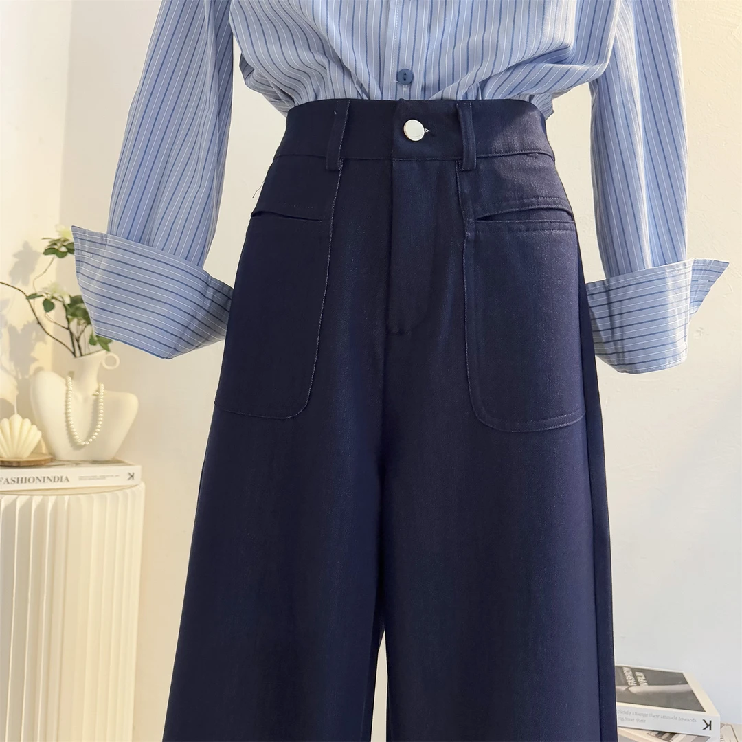 丹宁深蓝色仿牛仔西装阔腿裤女2025秋冬季高腰直筒宽松垂感拖地裤