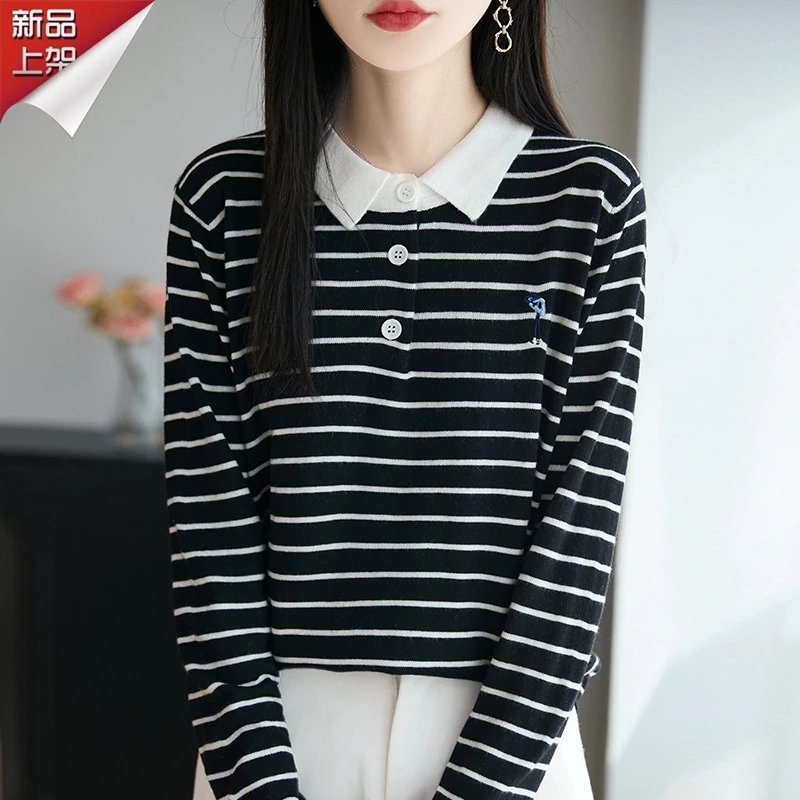 哥弟阿玛施正品2025秋季薄款长袖针织衫翻领撞色条纹洋气刺绣上衣