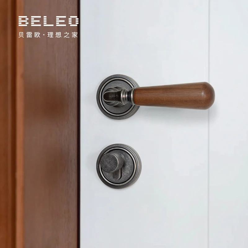 贝雷欧胡桃木中古风门锁家用室内卧室房间门锁静音磁吸木门门把手
