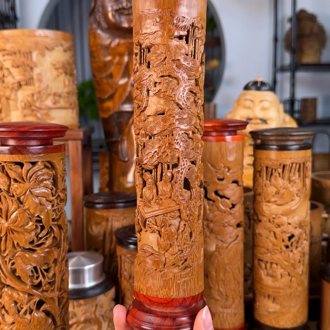 蓝***山竹林七贤笔筒手工竹雕