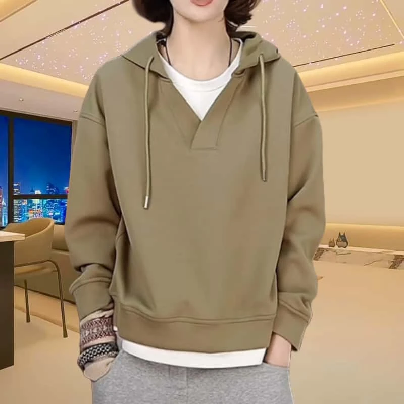 宽松假两件拼色连帽卫衣女士2025春季休闲洋气大码拼色高档帽衫