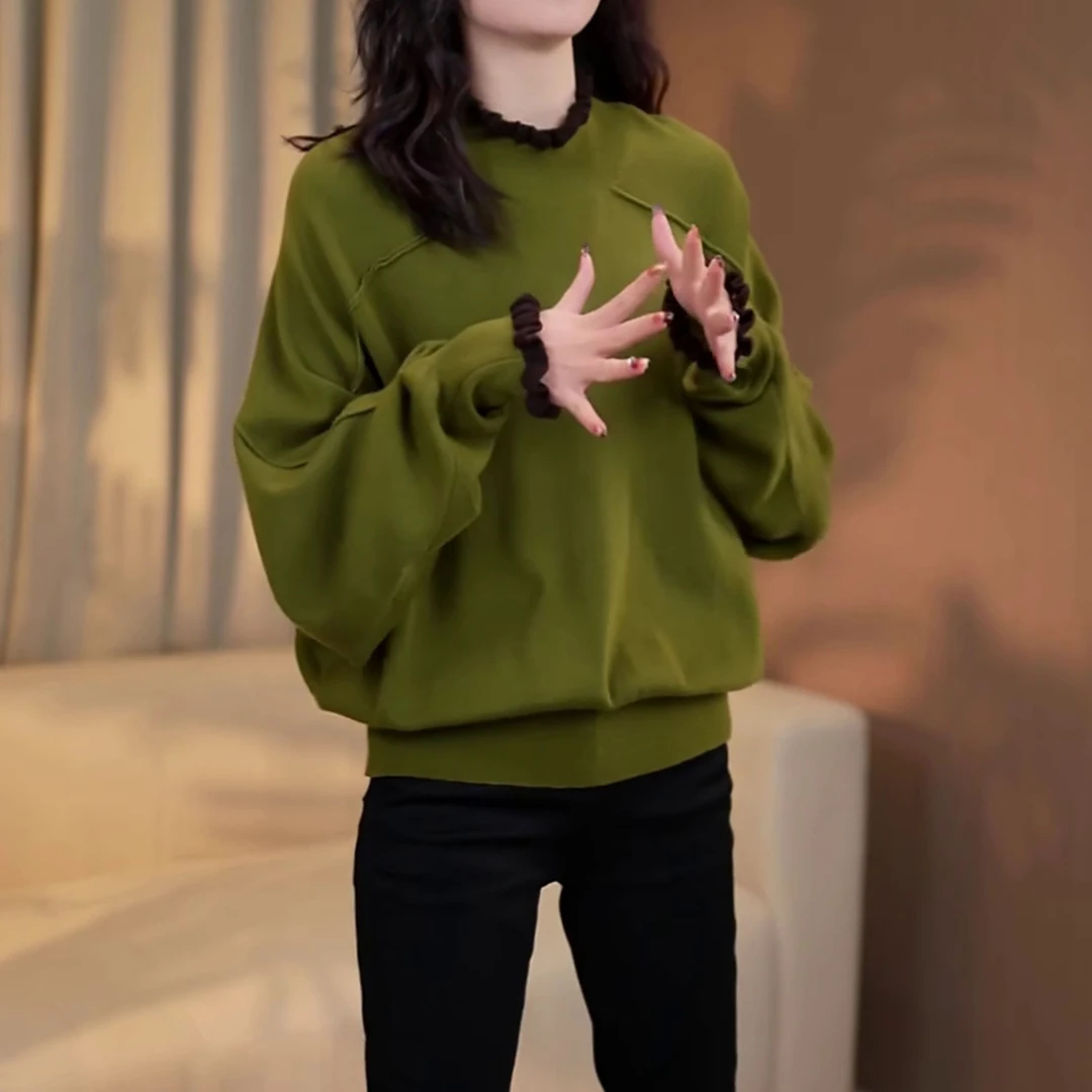 时尚百搭木耳花边针织衫女2025秋冬新款洋气显瘦圆领套头打底上衣