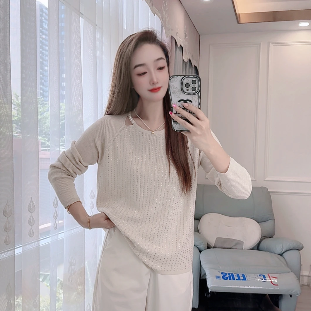 5146秋季新款针织衫套头长袖钉珠烫钻宽松女装显瘦时尚百搭上衣