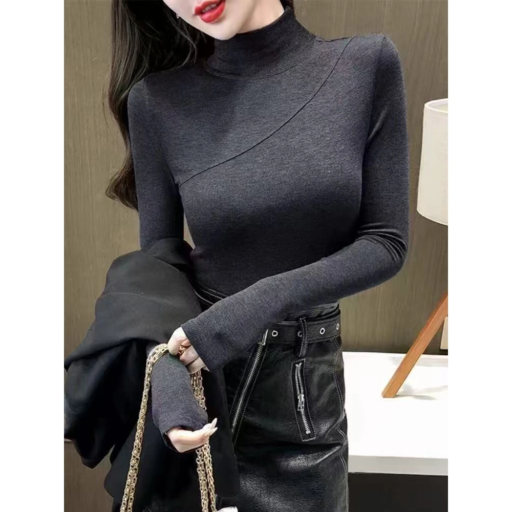 2025秋冬新款薄绒半高领打底衫女设计感修身显瘦秋冬内搭上衣9168