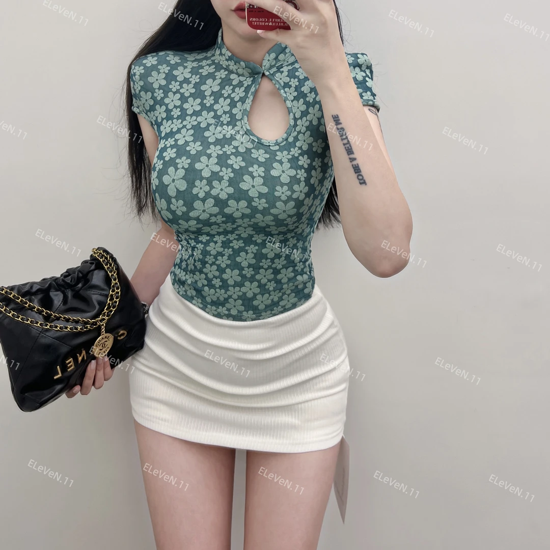 小清新新中式~复古旗袍领镂空短款带肩垫短袖上衣直角肩显瘦T恤女