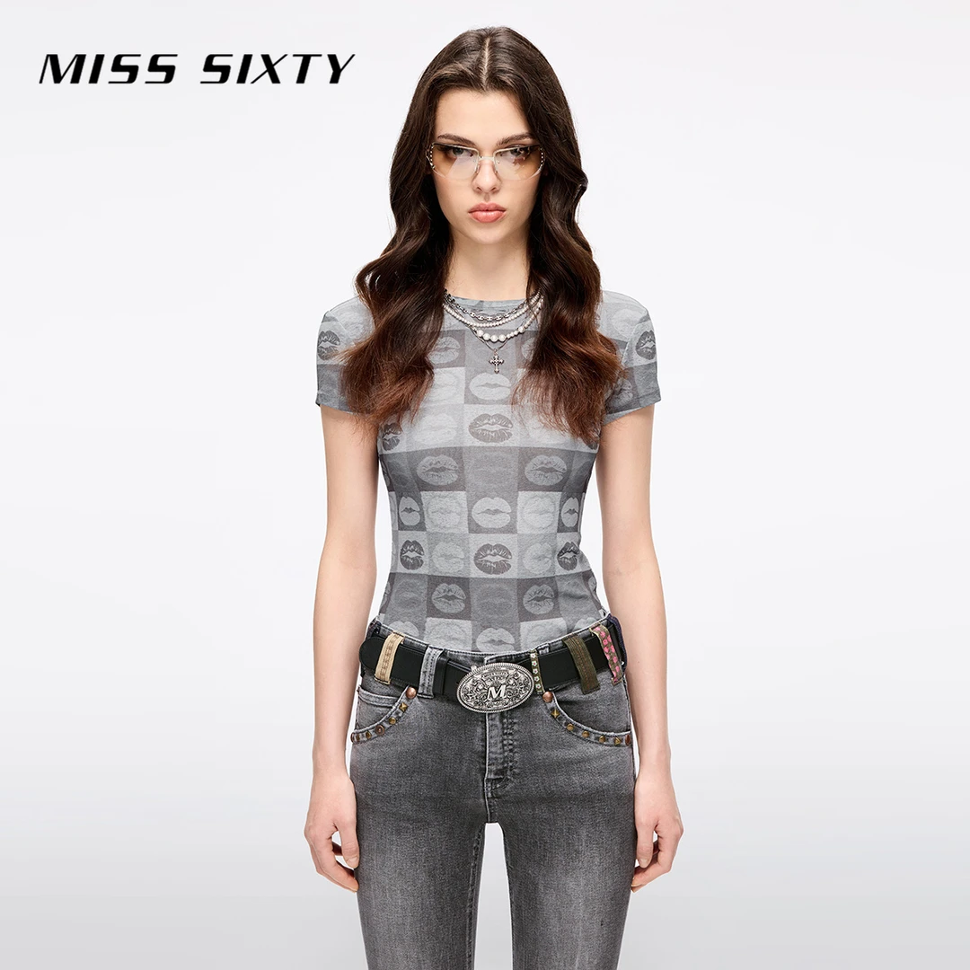 Miss Sixty2025夏季新款T恤女圆领短袖满幅唇印修身薄款上衣