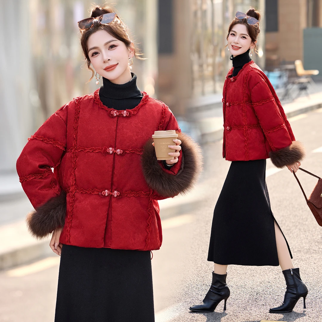 现货现货人丝2025年冬季新中式羽绒保暖真狐狸毛短款羽绒服