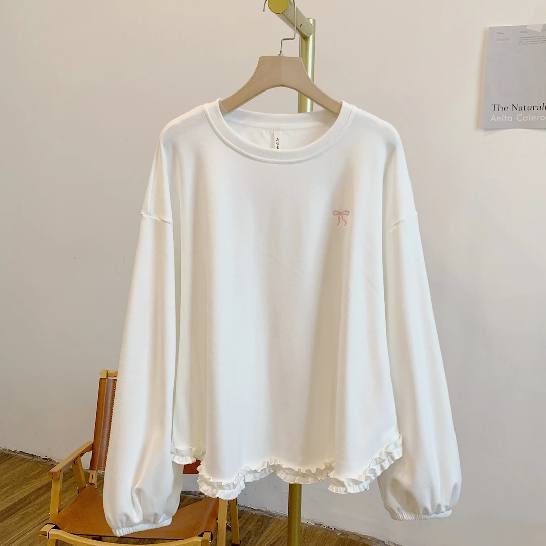 木耳边T C4969磨毛德绒蝴蝶结刺绣木耳边圆领长袖T恤