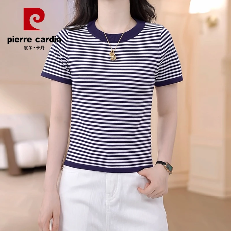 皮尔卡丹 6385#25夏季新款设计感高弹圆领百搭条纹针织短袖T恤女