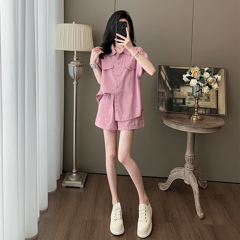 2025夏季新款休闲套装女时尚减龄显瘦气质翻领衬衫短袖短裤两件套