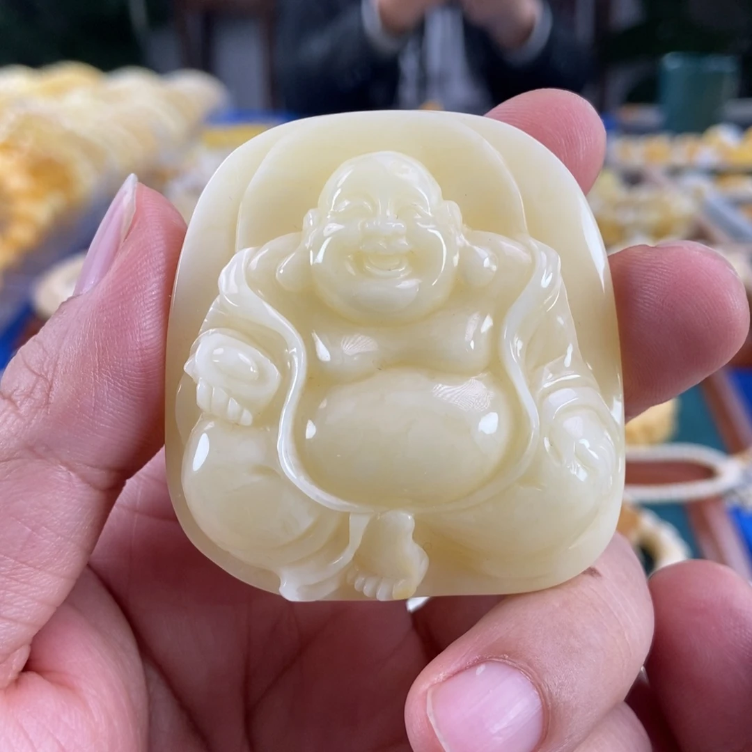 琥珀未镶嵌珠宝奇石白蜡笑佛45.72