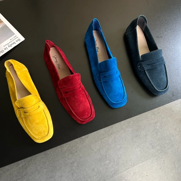 韩国新款真皮羊猄方头大牌感平底舒适豆豆一脚蹬懒人鞋时尚