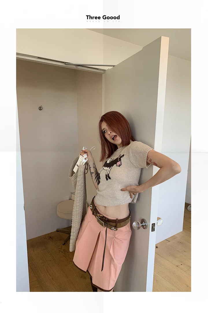 THREE GOOOD/三吉晚霞落落拼皮设计半身裙SSQ241240