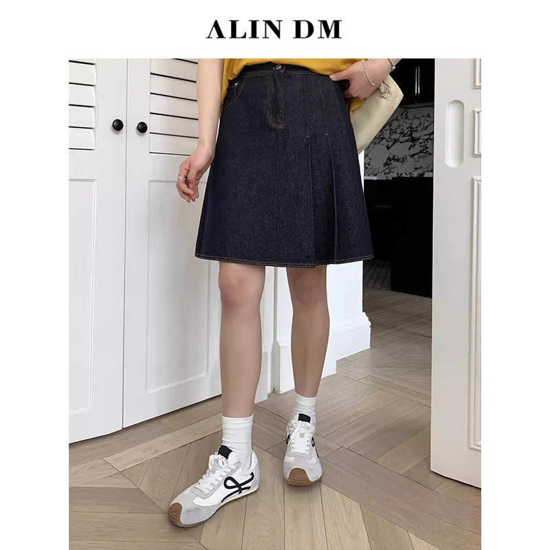 ALINDM【深蓝信笺】大码微胖MM复古牛仔200斤高腰A字半身裙J0299