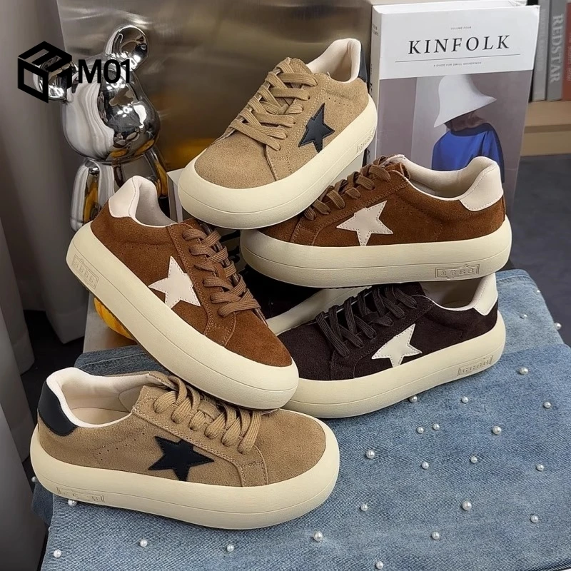 M01韩系复古做旧休闲百搭星星板鞋女2025秋季新款厚底圆头休闲鞋