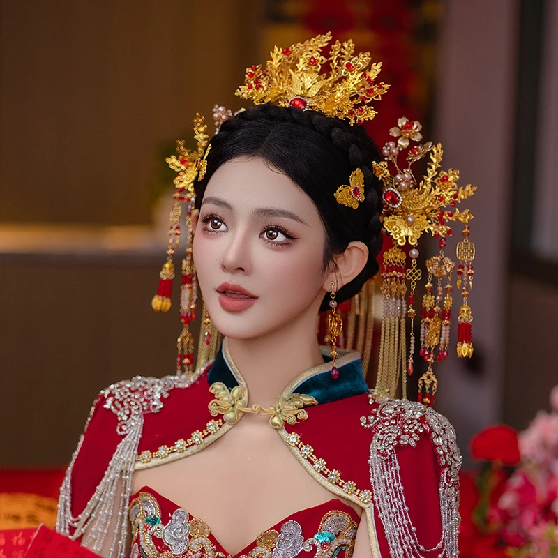 合金婚庆饰品 新娘凤冠中式秀禾头饰金色奢华发冠龙凤褂发饰D0430