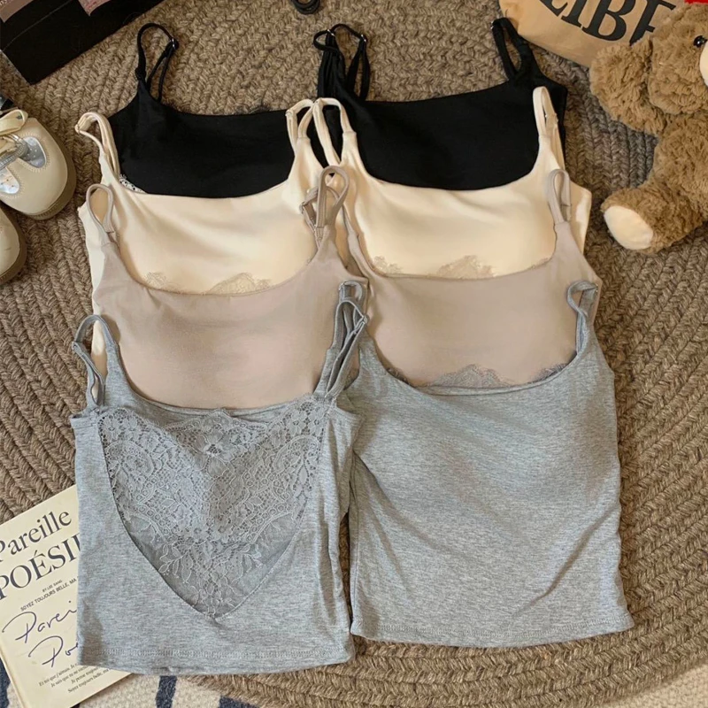 后背拼蕾丝性感吊带背心带胸垫一体式薄款无痕修身显瘦美背打底衫