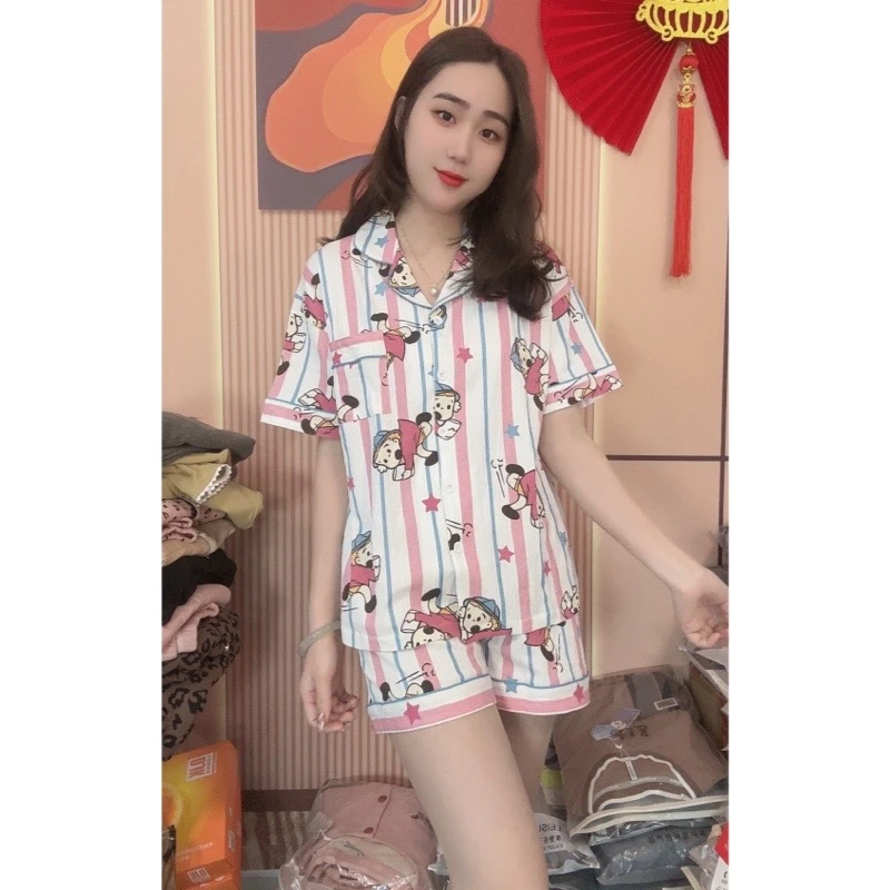 睡衣女新款短袖爽棉韩版甜美休闲宽松家居服套装（多巴胺星星）
