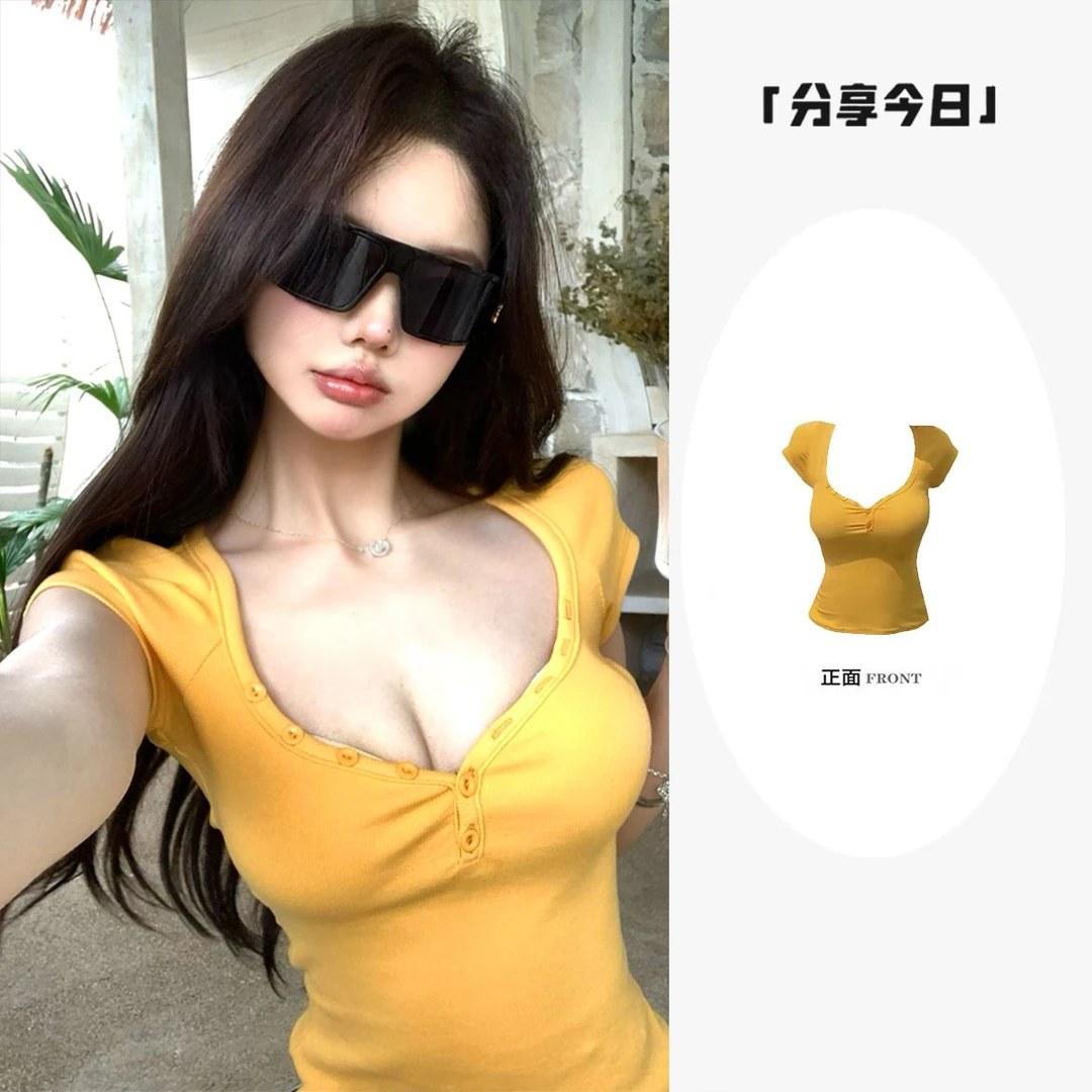 纯欲辣妹美式V领正肩短袖t恤女夏季2025新款修身显瘦收腰短款上衣