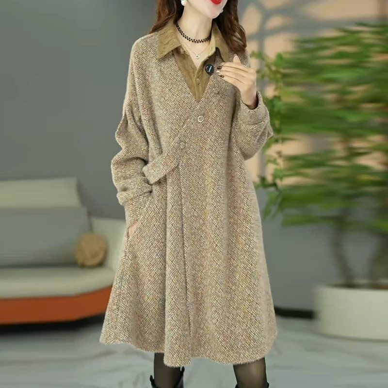 气质高档宽松欧版慵懒风连衣裙2025冬季新款时尚加厚显瘦中长裙子