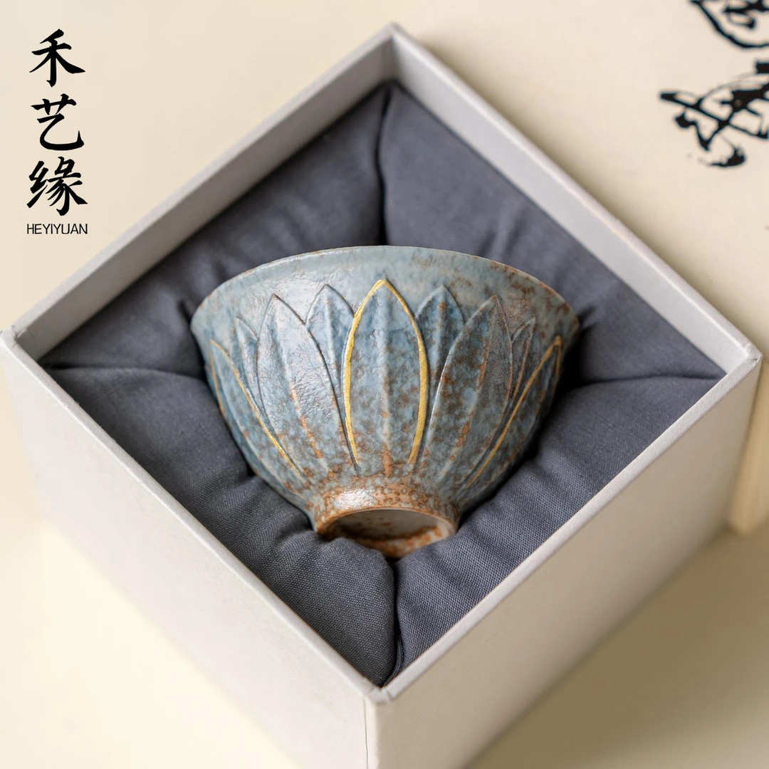 浮雕青花火石红蓝灰莲瓣杯复古陶瓷家用主人杯喝茶杯功夫茶具茶盏