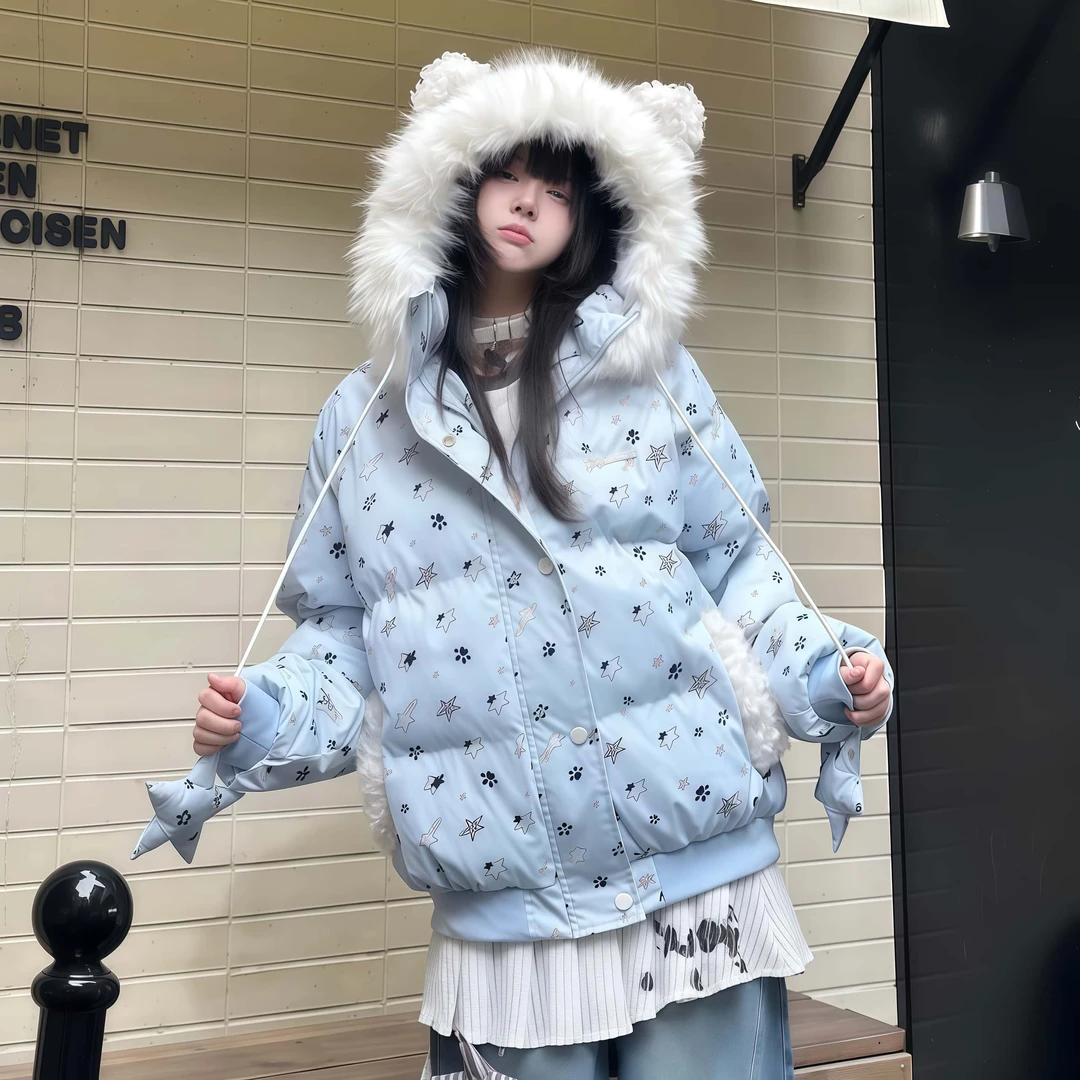 满印星星猫耳毛领棉服女冬季加厚保暖连帽棉衣潮流宽松面包服外套