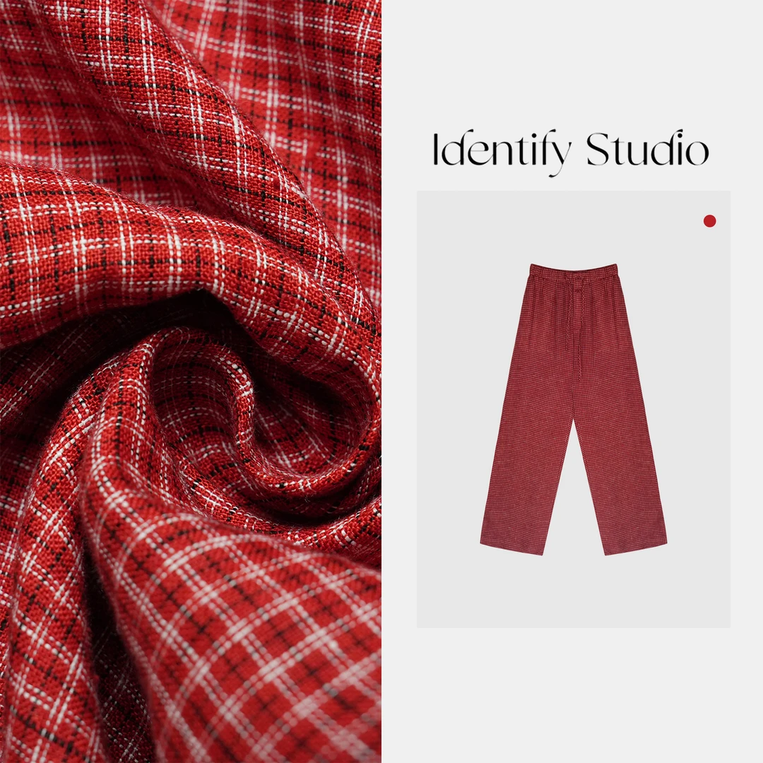 IDENTIFY“红洛桑”夏季新款高腰松紧收腰红格纹宽松长裤25SS