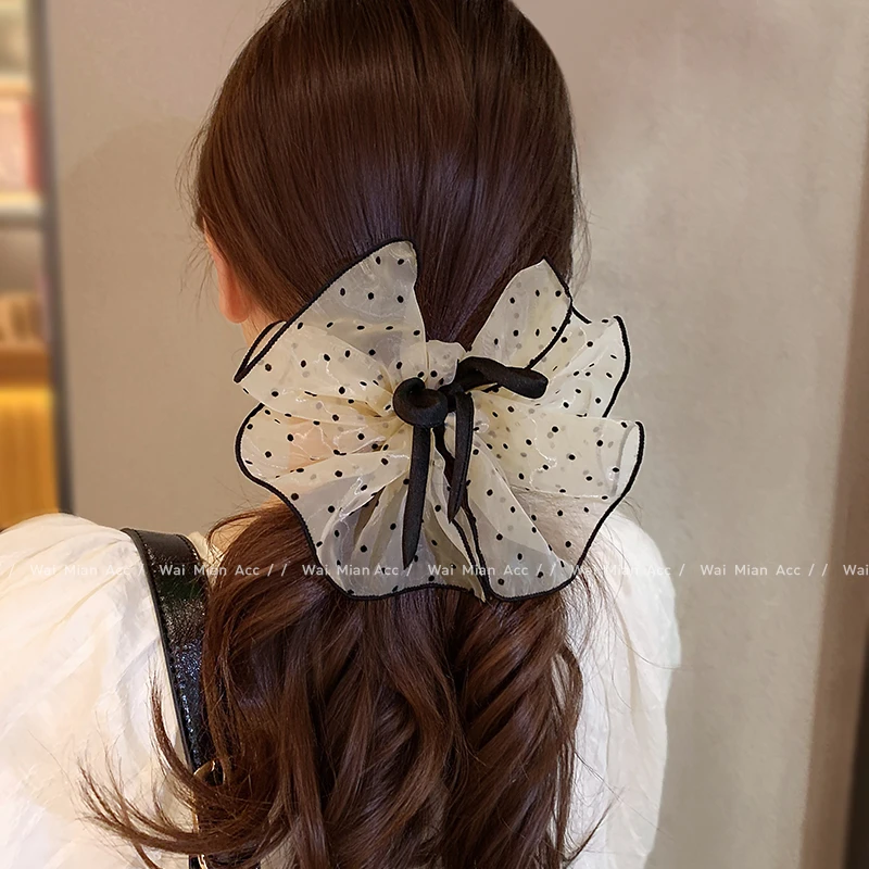 超大号波点绢纱蝴蝶结大肠发圈盘丸子头发绳女新款气质马尾头饰