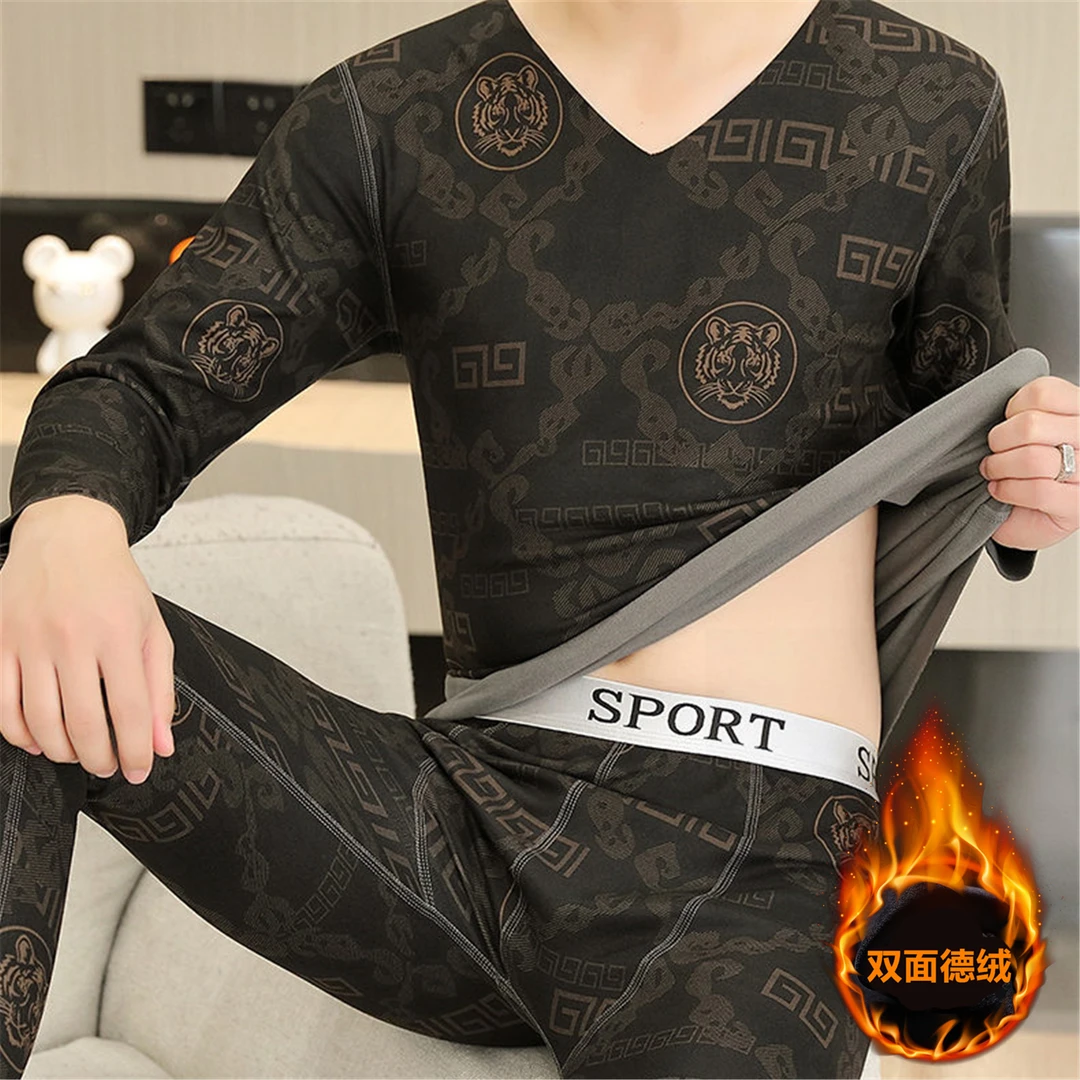 高档德绒保暖内衣套装男2026秋冬新款V领无痕双面绒秋衣秋裤男装