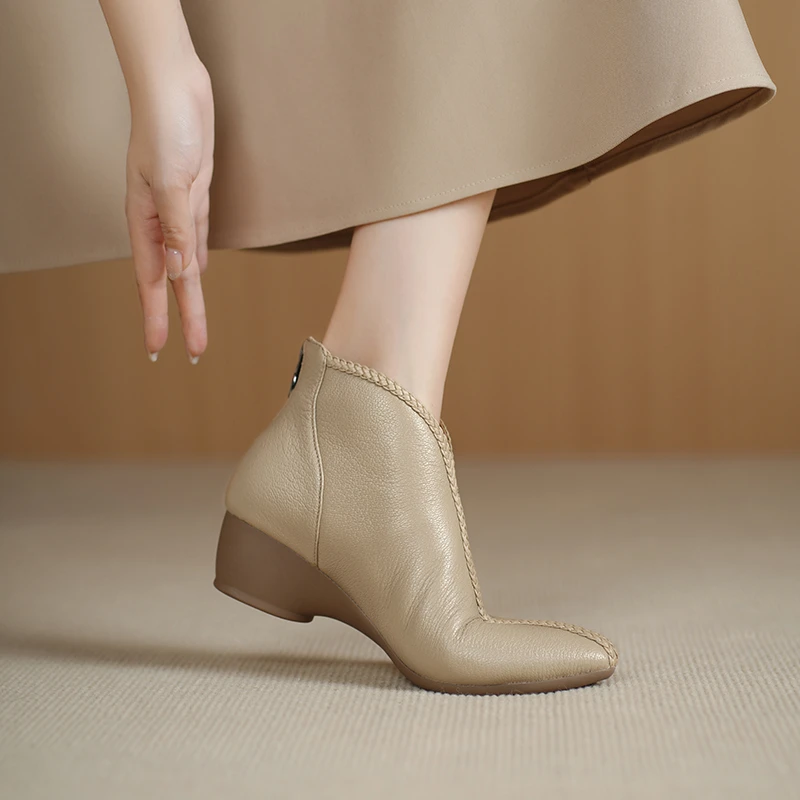 头层羊皮气质国风妈妈鞋 4cm大码坡跟舒适胖脚软底短靴全真皮踝靴