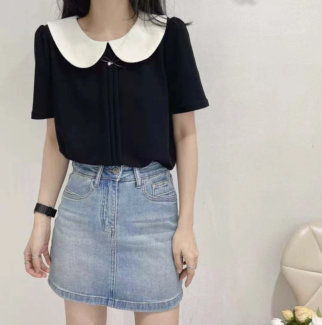 Meiky饼 甜美萝莉 娃娃领百搭上衣 2色入