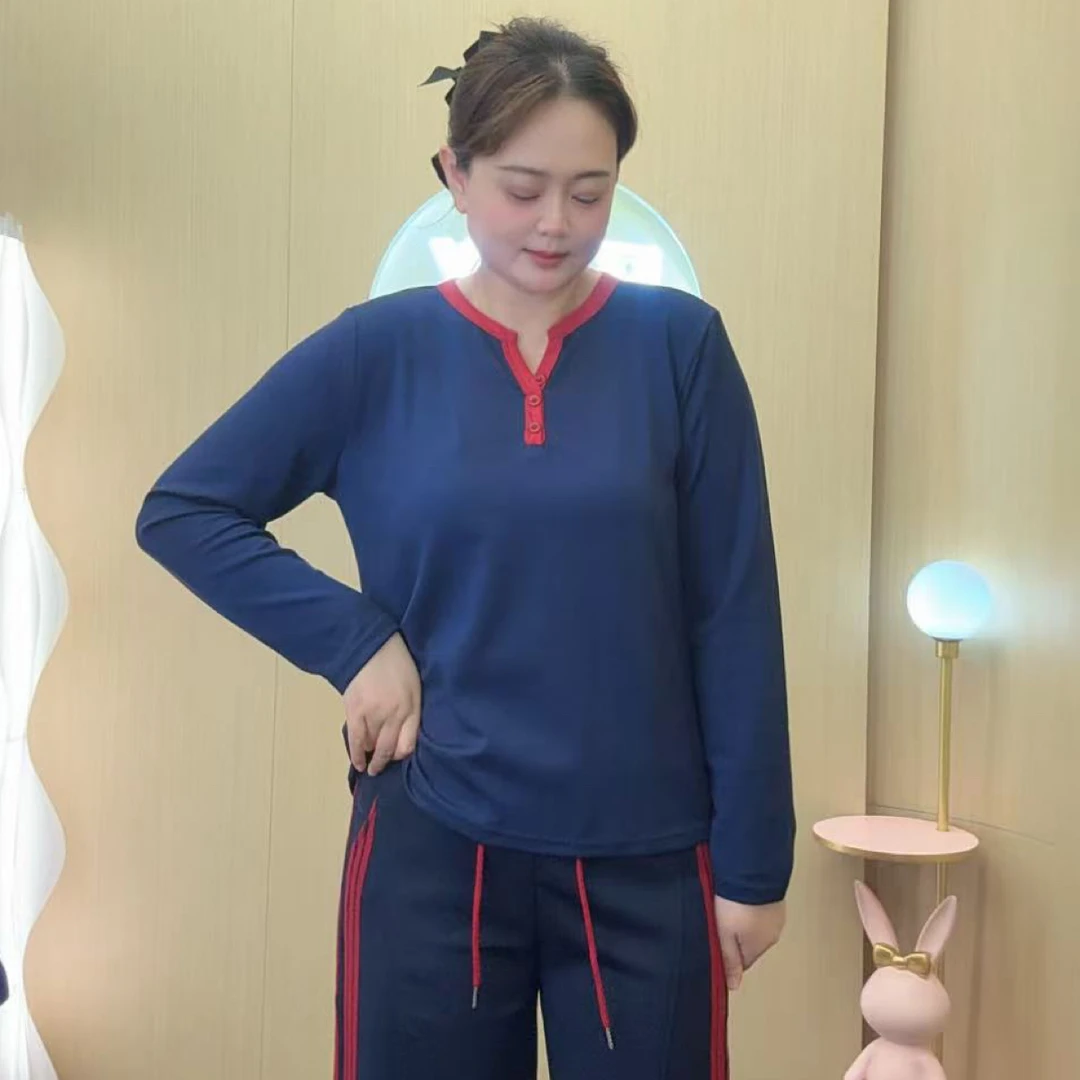 欧货V领纽扣撞色拼接长袖T恤上衣洋气大码女装秋季新款打底衫
