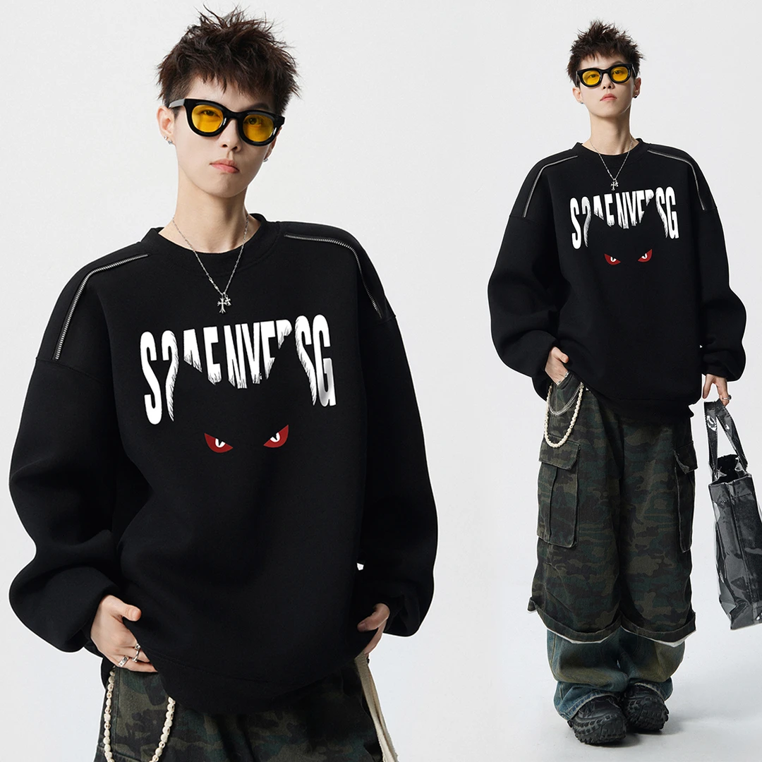 秋冬新款恶魔印花卫衣男士爆款美式复古潮牌拉链设计圆领重磅上衣