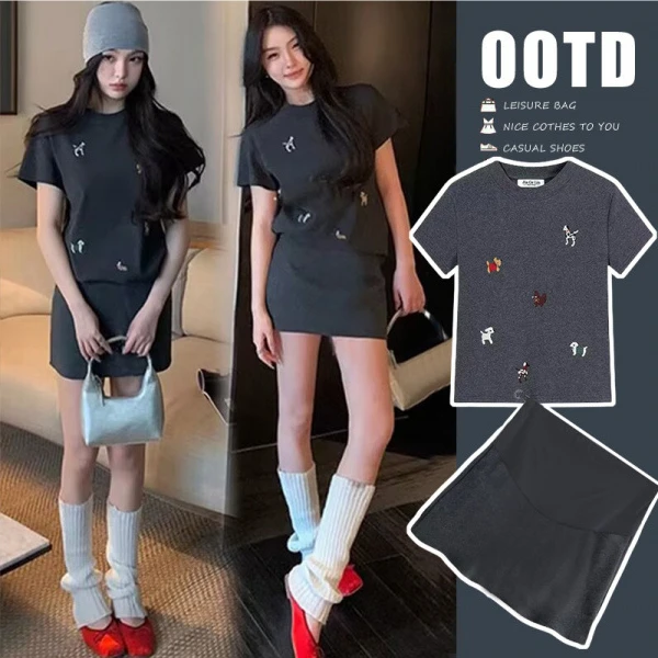 R333#3.14 可爱狗狗刺绣圆领休闲T恤+托腹半身裙套装裙裤一体