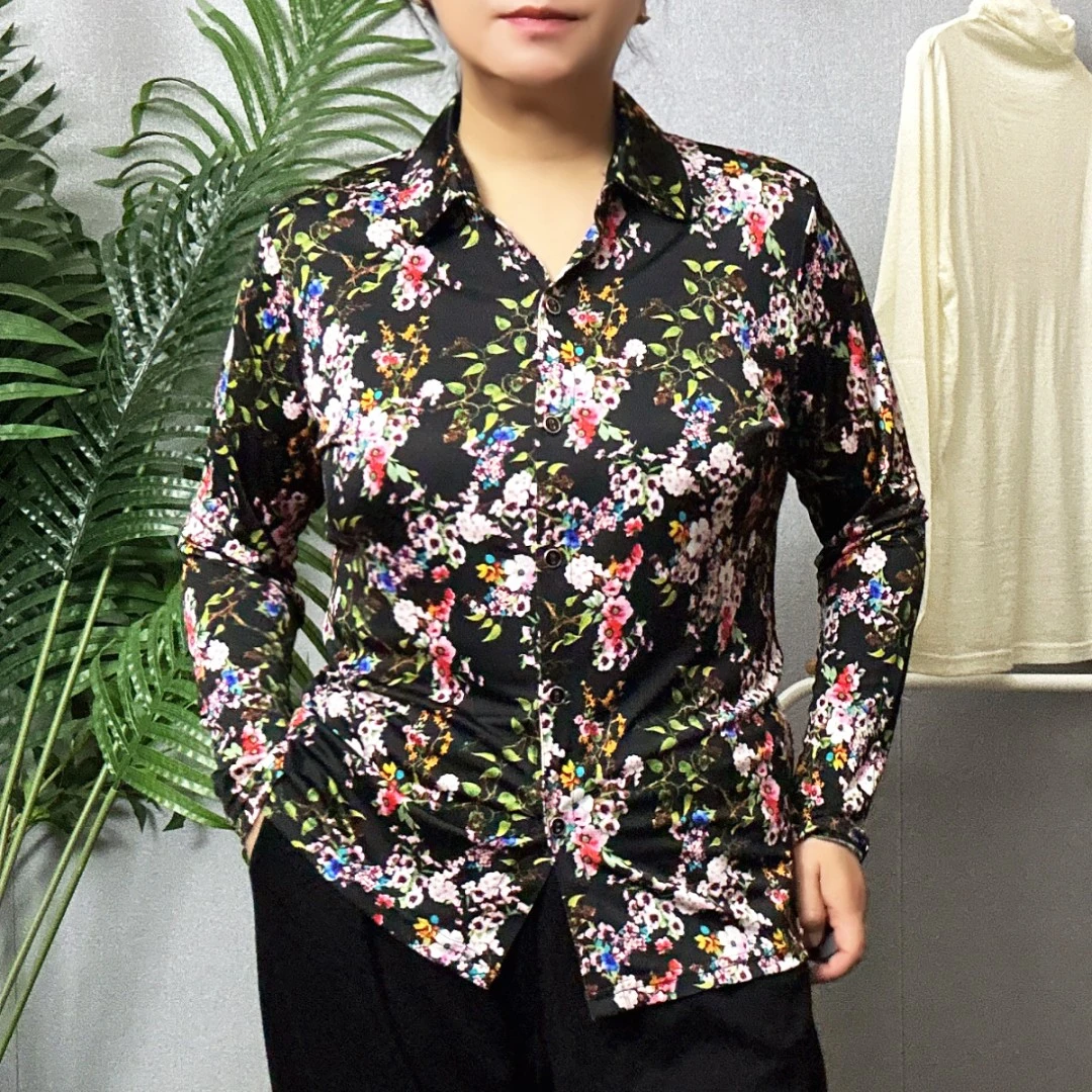 新品真丝针织长袖衬衫春秋桑蚕丝碎花上衣通勤打底衫翻领印花衬衣