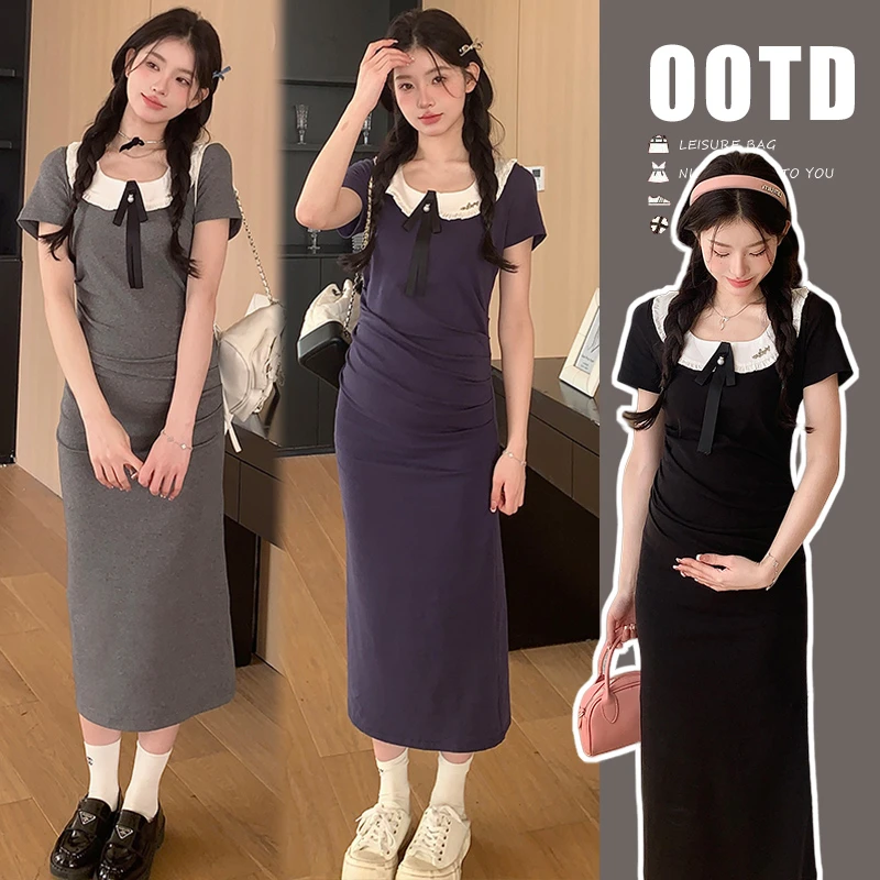 时髦孕妇装夏装新款娃娃领时尚显瘦小个子夏季款垂坠感气质连衣裙