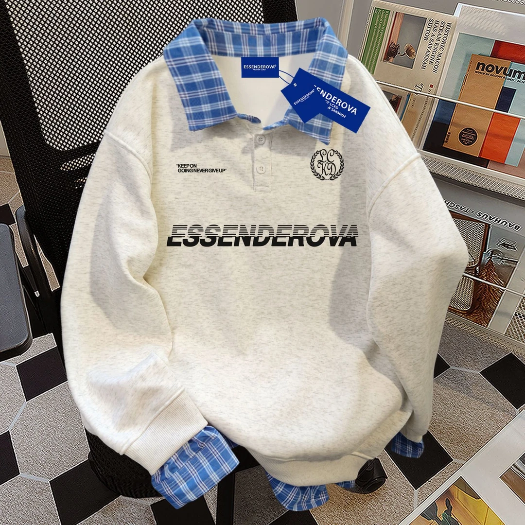 韩系假两件polo格子拼接卫衣女秋冬加绒宽松显瘦简约极简情侣上衣