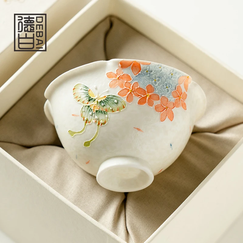 德白堆雕茶杯品茗杯高颜值纯手绘陶瓷喝茶杯子女士专用主人杯