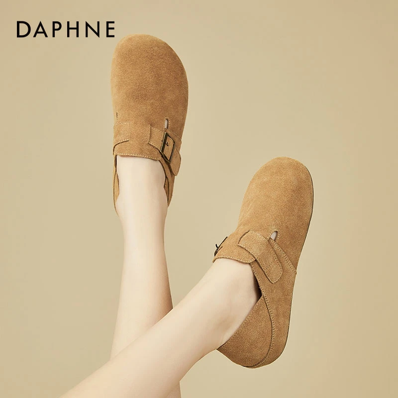 达芙妮真皮勃肯鞋女2025新款春平底一脚蹬单鞋软底复古豆豆小皮鞋