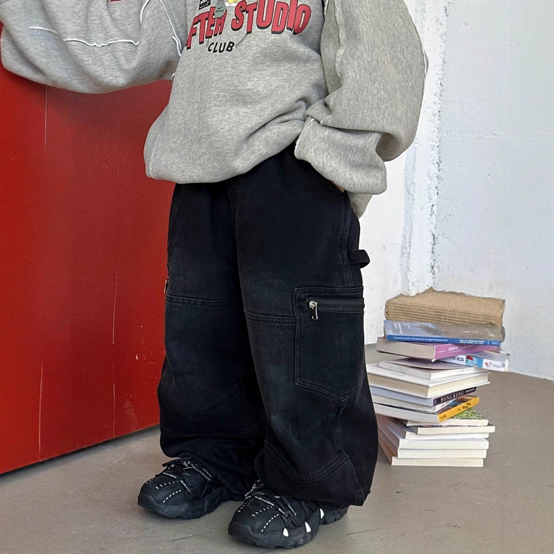 【Tang小白】2025冬季新款儿童拉链袋工装加绒牛仔裤弯刀裤男童保暖