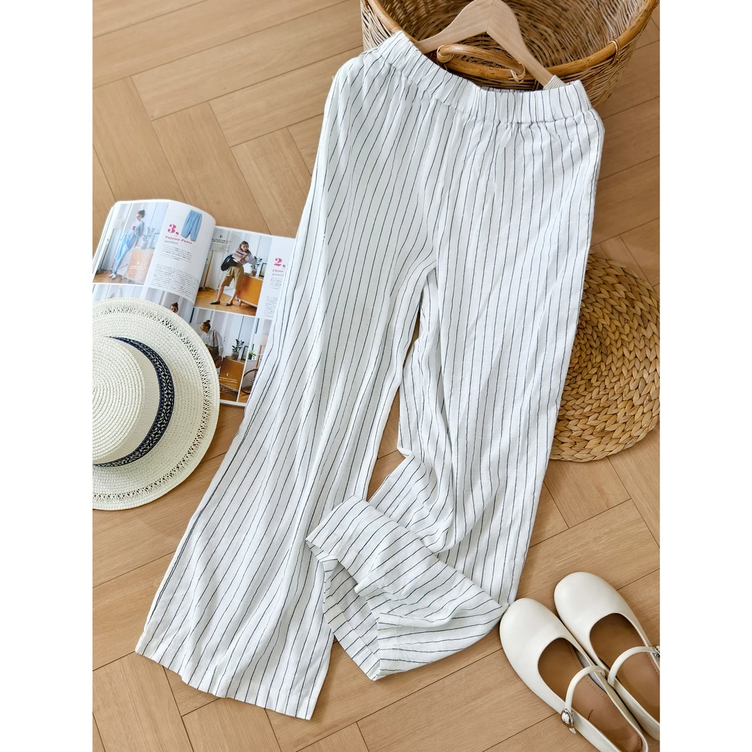 苏小姐出品 亚麻+棉/色织条纹工艺百搭宽松时尚松紧腰休闲裤女