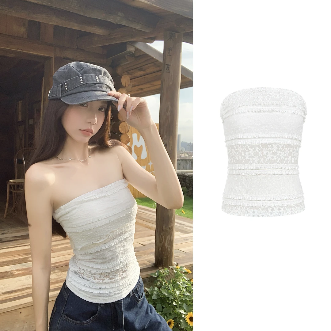 【蔚甜白栀】法式镂空拼接蕾丝提花抹胸H 8718#