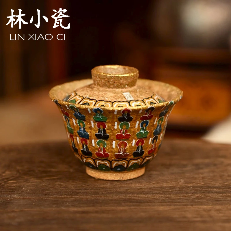林小瓷九觉堂千佛盖碗手绘敦煌飞天泡茶器志野柴烧手作