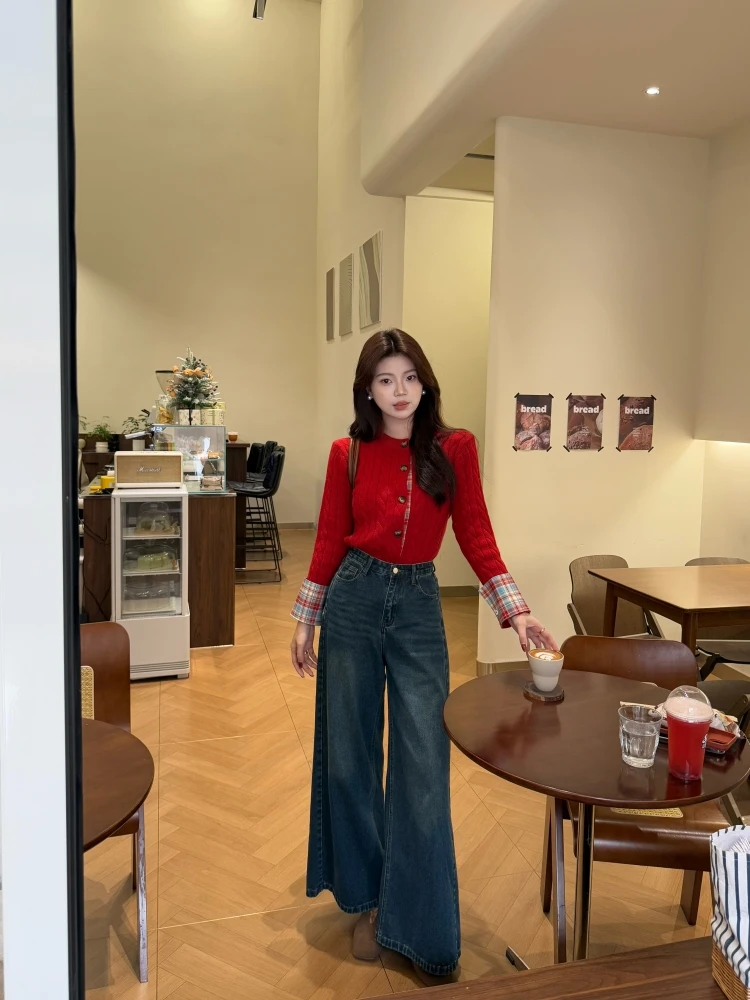 【高阶美式】美式复古高腰蓝色阔腿牛仔裤女休闲宽松显瘦遮肉微喇裤