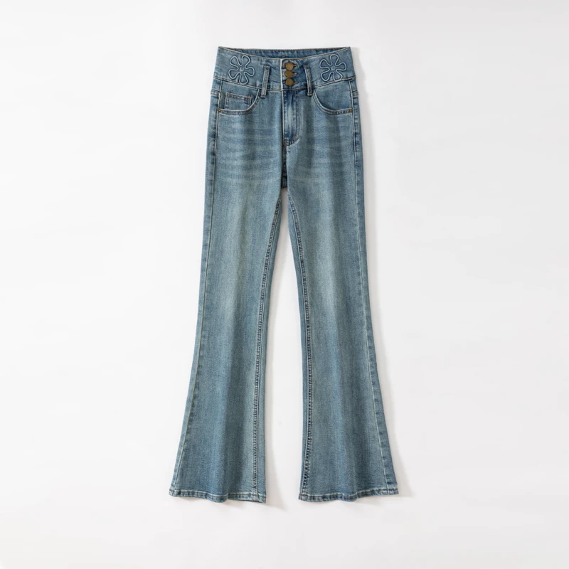 薄荷曼绿夏季新款显瘦高腰三扣垂感微喇马蹄裤牛仔裤女LH100035